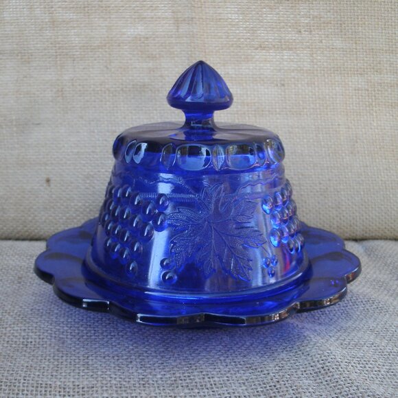 Vintage Mosser Cobalt Grapes Covered Butter Dish - Picture 2 of 16